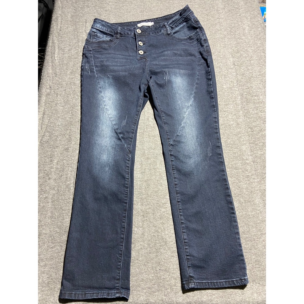 Misslook Jeans Dark Wash Blue Distressed Straight Leg Button Fly 2XL 413436 Y2K